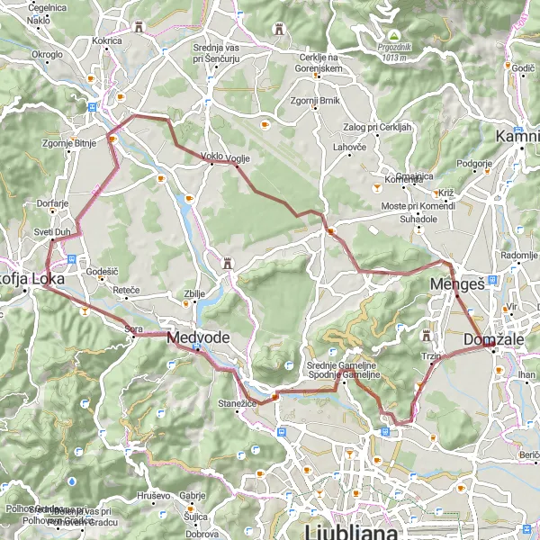 Miniaturní mapa "Gravelový okruh kolem Domžal" inspirace pro cyklisty v oblasti Zahodna Slovenija, Slovenia. Vytvořeno pomocí plánovače tras Tarmacs.app