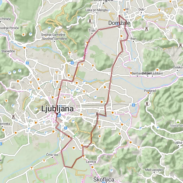 Zemljevid v pomanjšavi "Pustolovščina skozi gozdne poti" kolesarske inspiracije v Zahodna Slovenija, Slovenia. Generirano z načrtovalcem kolesarskih poti Tarmacs.app