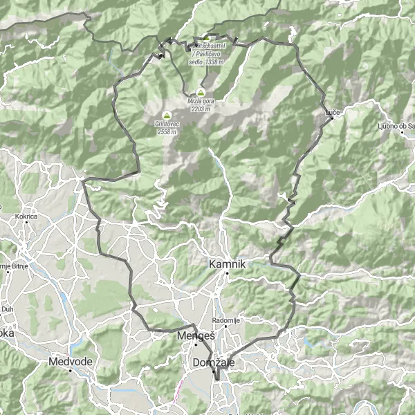 Miniatura della mappa di ispirazione al ciclismo "Giro in bici da Domžale a Jezersko" nella regione di Zahodna Slovenija, Slovenia. Generata da Tarmacs.app, pianificatore di rotte ciclistiche