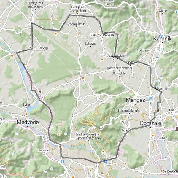 Miniaturní mapa "Cyklotrasa kolem Domžal" inspirace pro cyklisty v oblasti Zahodna Slovenija, Slovenia. Vytvořeno pomocí plánovače tras Tarmacs.app