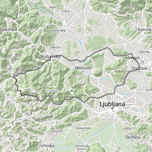 Miniatura della mappa di ispirazione al ciclismo "Giro delle colline intorno a Domžale" nella regione di Zahodna Slovenija, Slovenia. Generata da Tarmacs.app, pianificatore di rotte ciclistiche