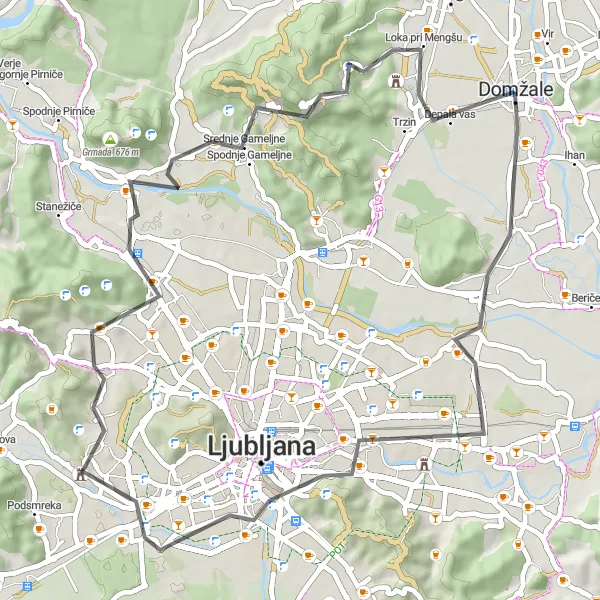 Map miniature of "Domžale Loop - Road" cycling inspiration in Zahodna Slovenija, Slovenia. Generated by Tarmacs.app cycling route planner