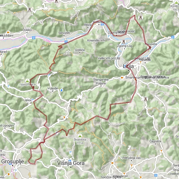 Map miniature of "Gravel Route to Log and Spodnje Duplice" cycling inspiration in Zahodna Slovenija, Slovenia. Generated by Tarmacs.app cycling route planner