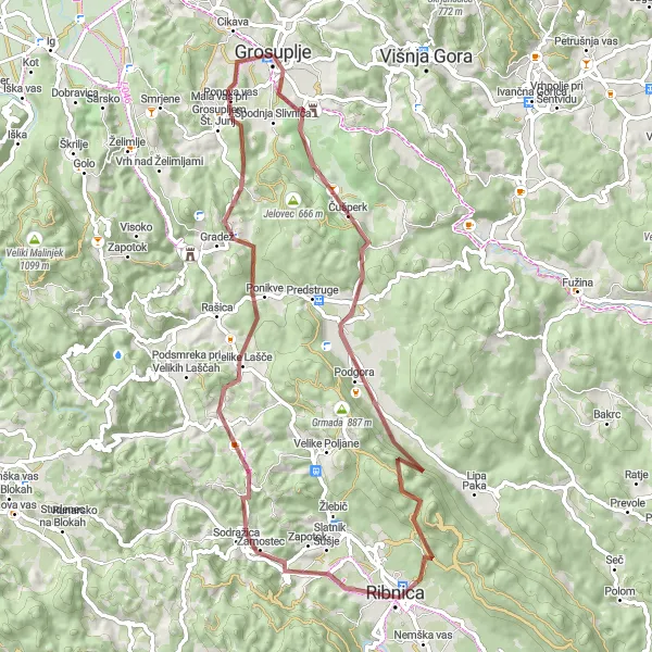 Miniaturní mapa "Gravelová cyklotrasa okolo Grosuplje" inspirace pro cyklisty v oblasti Zahodna Slovenija, Slovenia. Vytvořeno pomocí plánovače tras Tarmacs.app