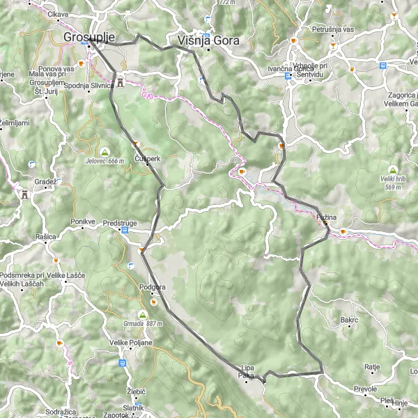 Map miniature of "Picturesque Road Loop from Grosuplje" cycling inspiration in Zahodna Slovenija, Slovenia. Generated by Tarmacs.app cycling route planner