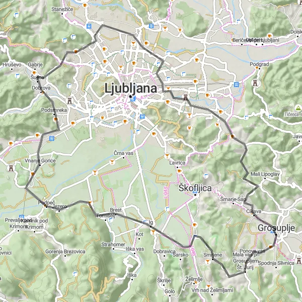 Miniaturní mapa "Okružní cyklotrasa od Grosuplje" inspirace pro cyklisty v oblasti Zahodna Slovenija, Slovenia. Vytvořeno pomocí plánovače tras Tarmacs.app