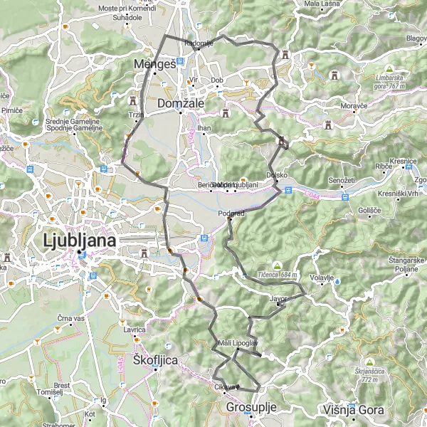 Map miniature of "Road Route to Magdalenska Gora and Kozjak" cycling inspiration in Zahodna Slovenija, Slovenia. Generated by Tarmacs.app cycling route planner
