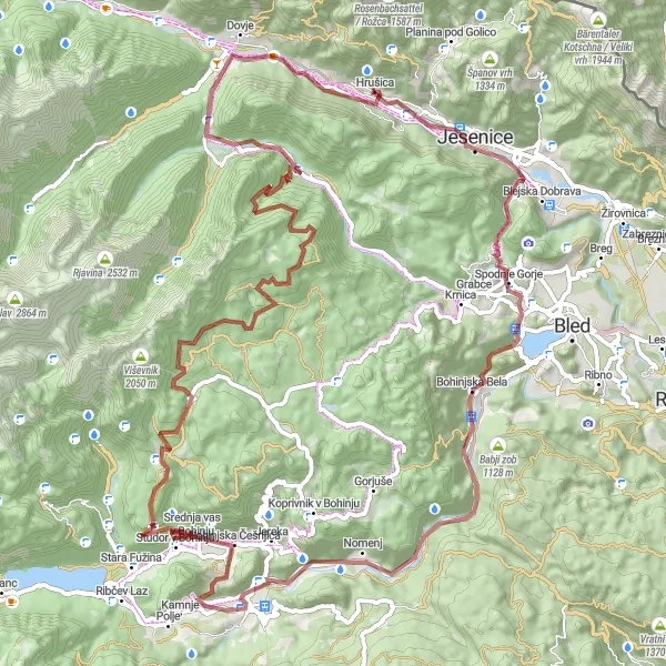 Miniatura mapy "Trasa gravelowa Hrušica - Kamna gorica - Peči - Brod - Rjavec - Energijska točka - Klek - Zgornja Radovna - Kosmačev preval - Kisovec - Hrušica" - trasy rowerowej w Zahodna Slovenija, Slovenia. Wygenerowane przez planer tras rowerowych Tarmacs.app