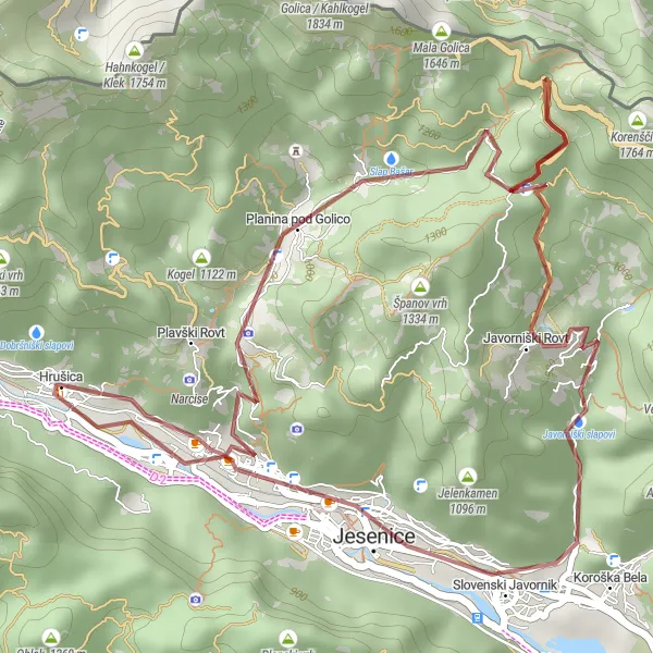 Zemljevid v pomanjšavi "Gravelska avantura od Rigel do Jesenic" kolesarske inspiracije v Zahodna Slovenija, Slovenia. Generirano z načrtovalcem kolesarskih poti Tarmacs.app