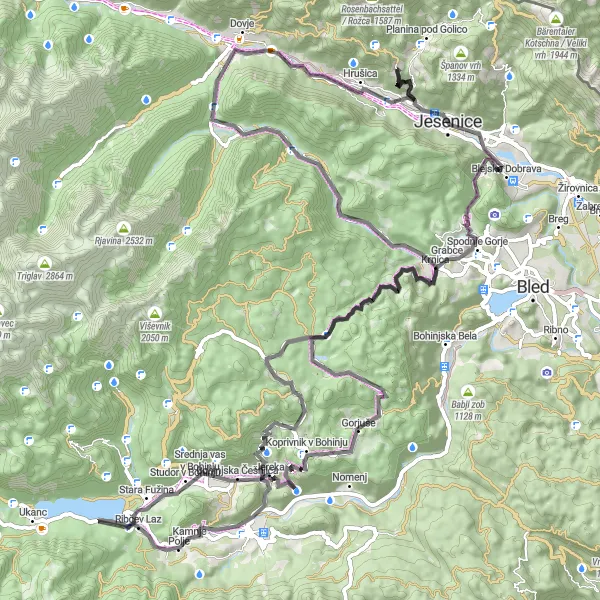 Zemljevid v pomanjšavi "Cycling around Babna gora and Ribčev Laz" kolesarske inspiracije v Zahodna Slovenija, Slovenia. Generirano z načrtovalcem kolesarskih poti Tarmacs.app