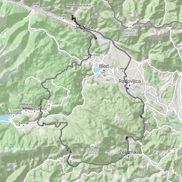 Zemljevid v pomanjšavi "Kolesarska pot Jesenice - Plavški Rovt" kolesarske inspiracije v Zahodna Slovenija, Slovenia. Generirano z načrtovalcem kolesarskih poti Tarmacs.app