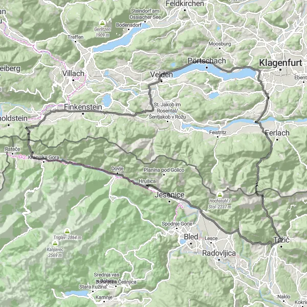 Miniatura della mappa di ispirazione al ciclismo "Esplorazione in bici da Hrušica a Klagenfurt e ritorno" nella regione di Zahodna Slovenija, Slovenia. Generata da Tarmacs.app, pianificatore di rotte ciclistiche