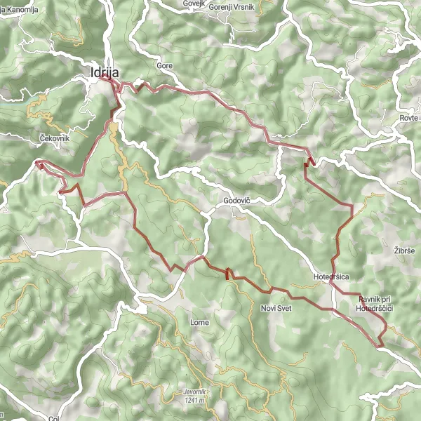 Miniaturní mapa "Gravel trasa kolem Idrije" inspirace pro cyklisty v oblasti Zahodna Slovenija, Slovenia. Vytvořeno pomocí plánovače tras Tarmacs.app