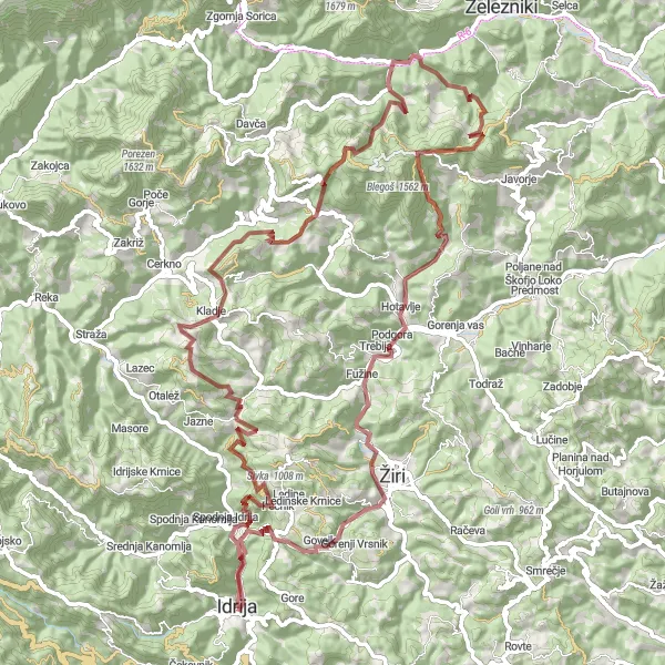 Zemljevid v pomanjšavi "Gorska kolesarska avantura od Idrije do Idrije" kolesarske inspiracije v Zahodna Slovenija, Slovenia. Generirano z načrtovalcem kolesarskih poti Tarmacs.app