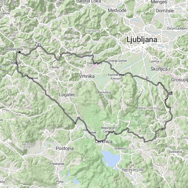 Miniaturní mapa "Významná cyklotrasa kolem Idrije" inspirace pro cyklisty v oblasti Zahodna Slovenija, Slovenia. Vytvořeno pomocí plánovače tras Tarmacs.app