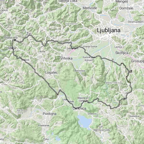 Map miniature of "The Great Loop of Idrija" cycling inspiration in Zahodna Slovenija, Slovenia. Generated by Tarmacs.app cycling route planner