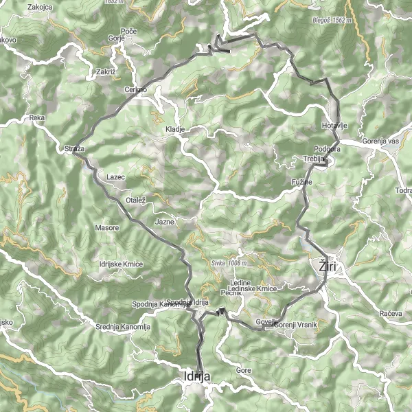 Map miniature of "Idrija Loop" cycling inspiration in Zahodna Slovenija, Slovenia. Generated by Tarmacs.app cycling route planner