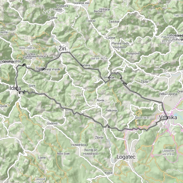 Map miniature of "Idrija Hills Adventure" cycling inspiration in Zahodna Slovenija, Slovenia. Generated by Tarmacs.app cycling route planner