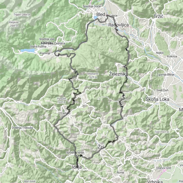 Map miniature of "Idrija Mountain Challenge" cycling inspiration in Zahodna Slovenija, Slovenia. Generated by Tarmacs.app cycling route planner