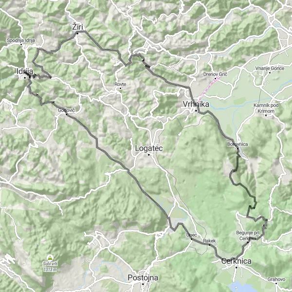 Miniaturní mapa "Okružní cyklistická trasa z Idrije" inspirace pro cyklisty v oblasti Zahodna Slovenija, Slovenia. Vytvořeno pomocí plánovače tras Tarmacs.app