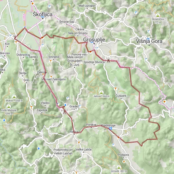 Map miniature of "The Gravel Adventure: Discovering Hidden Paths near Ig" cycling inspiration in Zahodna Slovenija, Slovenia. Generated by Tarmacs.app cycling route planner