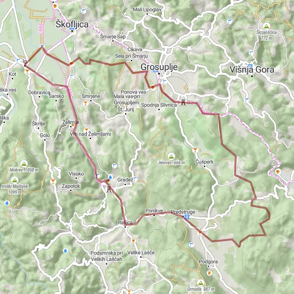 Zemljevid v pomanjšavi "Pustolovščina po makadamskih poteh od Glineka do Cerkve Sv. Jurija" kolesarske inspiracije v Zahodna Slovenija, Slovenia. Generirano z načrtovalcem kolesarskih poti Tarmacs.app