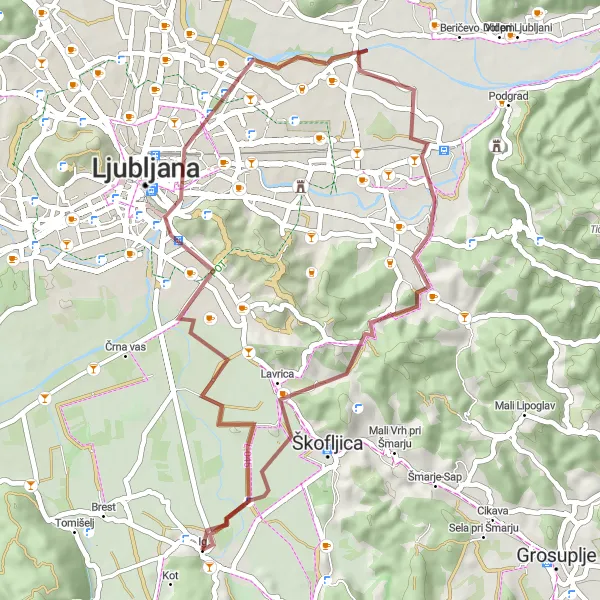 Map miniature of "The Ljubljana Castle Gravel Ride" cycling inspiration in Zahodna Slovenija, Slovenia. Generated by Tarmacs.app cycling route planner