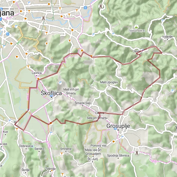 Miniaturní mapa "Přírodní krásy blízko Ig" inspirace pro cyklisty v oblasti Zahodna Slovenija, Slovenia. Vytvořeno pomocí plánovače tras Tarmacs.app