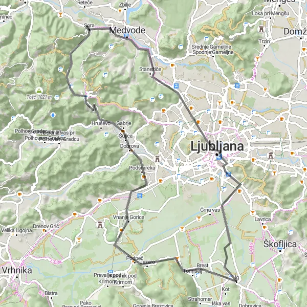 Miniaturní mapa "Cyklistická trasa skrz Medvode a Ljubljanu" inspirace pro cyklisty v oblasti Zahodna Slovenija, Slovenia. Vytvořeno pomocí plánovače tras Tarmacs.app