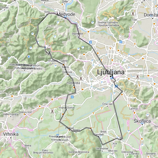 Map miniature of "Countryside Charm" cycling inspiration in Zahodna Slovenija, Slovenia. Generated by Tarmacs.app cycling route planner