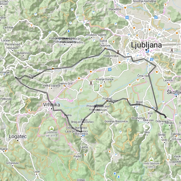 Map miniature of "Countryside Journey" cycling inspiration in Zahodna Slovenija, Slovenia. Generated by Tarmacs.app cycling route planner