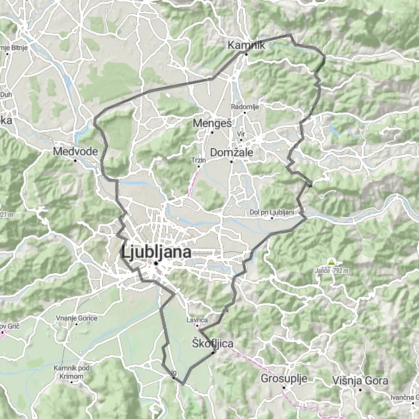 Map miniature of "The Ig Loop via Iška Loka, Šapica, and Loška gora" cycling inspiration in Zahodna Slovenija, Slovenia. Generated by Tarmacs.app cycling route planner