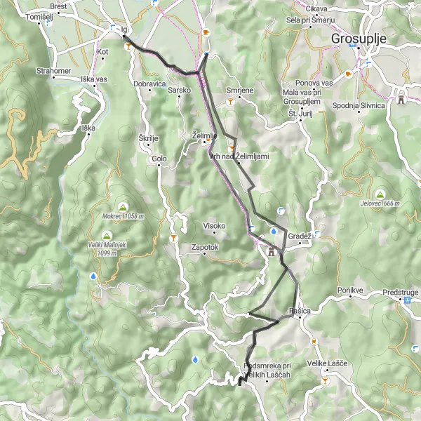 Zemljevid v pomanjšavi "Izjemno kolesarjenje od Ig do Pijavske gore" kolesarske inspiracije v Zahodna Slovenija, Slovenia. Generirano z načrtovalcem kolesarskih poti Tarmacs.app