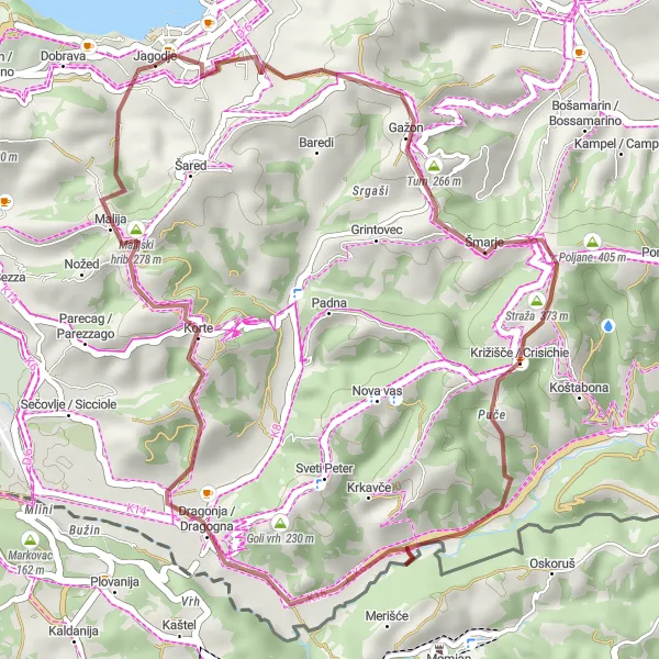 Map miniature of "Jagodje Loop - Hrib, Puče, Dragonja, Malija" cycling inspiration in Zahodna Slovenija, Slovenia. Generated by Tarmacs.app cycling route planner