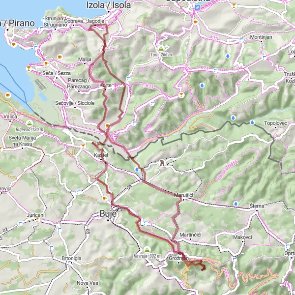 Map miniature of "Jagodje Challenge - Šared, Malijski hrib, Kaštel, Kavruja, Marušići, Krog, Dovin, Dragonja, Škufeljca" cycling inspiration in Zahodna Slovenija, Slovenia. Generated by Tarmacs.app cycling route planner
