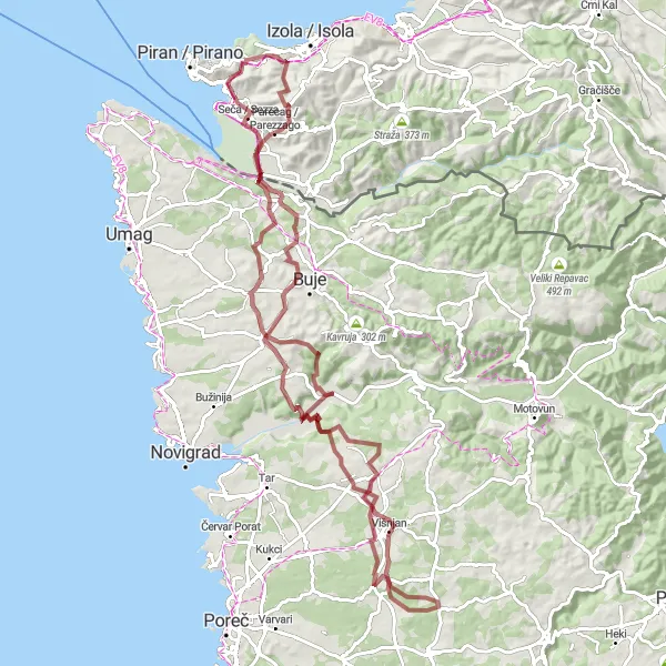 Map miniature of "Gravel and hills of Zahodna Slovenija" cycling inspiration in Zahodna Slovenija, Slovenia. Generated by Tarmacs.app cycling route planner