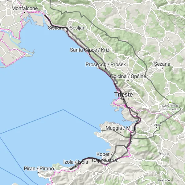 Map miniature of "Coastal Delights Road Cycling Tour" cycling inspiration in Zahodna Slovenija, Slovenia. Generated by Tarmacs.app cycling route planner