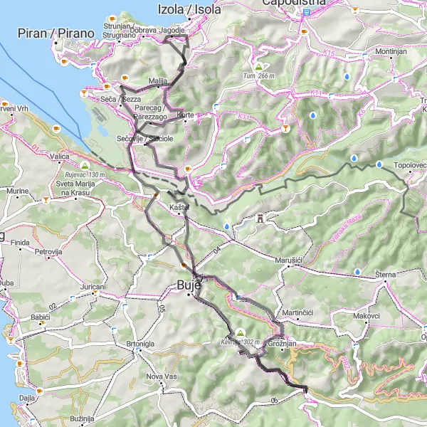 Map miniature of "Scenic Coastal Loop" cycling inspiration in Zahodna Slovenija, Slovenia. Generated by Tarmacs.app cycling route planner