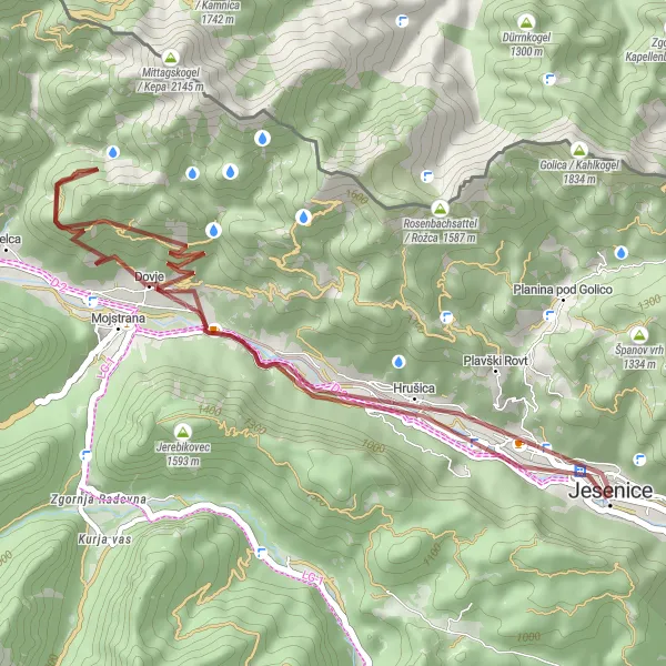 Map miniature of "Jesenice and Mojstrana Adventure" cycling inspiration in Zahodna Slovenija, Slovenia. Generated by Tarmacs.app cycling route planner