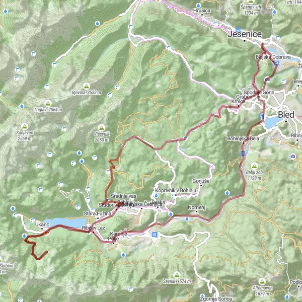 Miniaturní mapa "Bohinjská dobrodružná vyjížďka" inspirace pro cyklisty v oblasti Zahodna Slovenija, Slovenia. Vytvořeno pomocí plánovače tras Tarmacs.app