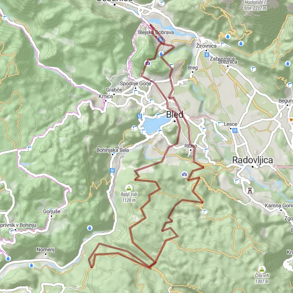 Map miniature of "Discover Bled's Surroundings on a Gravel Path" cycling inspiration in Zahodna Slovenija, Slovenia. Generated by Tarmacs.app cycling route planner