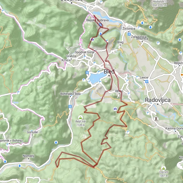 Miniatura della mappa di ispirazione al ciclismo "Giro in bicicletta gravel da Jesenice a Bled e ritorno" nella regione di Zahodna Slovenija, Slovenia. Generata da Tarmacs.app, pianificatore di rotte ciclistiche