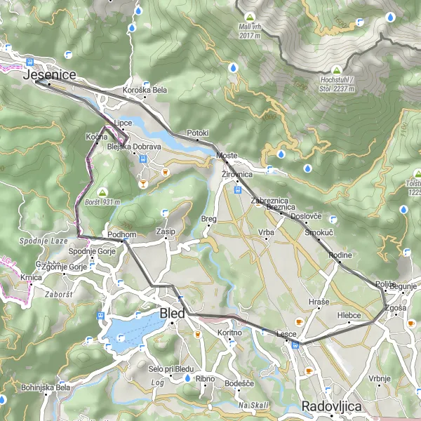 Miniatura della mappa di ispirazione al ciclismo "Percorso ciclistico di 33 km da Jesenice" nella regione di Zahodna Slovenija, Slovenia. Generata da Tarmacs.app, pianificatore di rotte ciclistiche