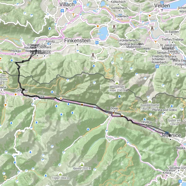 Zemljevid v pomanjšavi "Pot od Jesenic do Hribij (cikel road)" kolesarske inspiracije v Zahodna Slovenija, Slovenia. Generirano z načrtovalcem kolesarskih poti Tarmacs.app