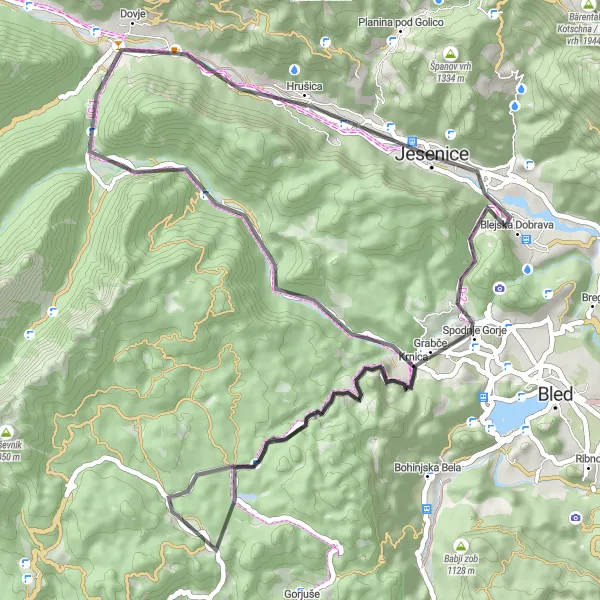 Map miniature of "Jesenice and Surrounding Hills" cycling inspiration in Zahodna Slovenija, Slovenia. Generated by Tarmacs.app cycling route planner