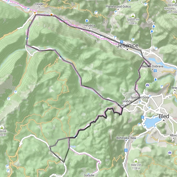 Zemljevid v pomanjšavi "Krožna cestna kolesarska pot okoli Jesenic" kolesarske inspiracije v Zahodna Slovenija, Slovenia. Generirano z načrtovalcem kolesarskih poti Tarmacs.app