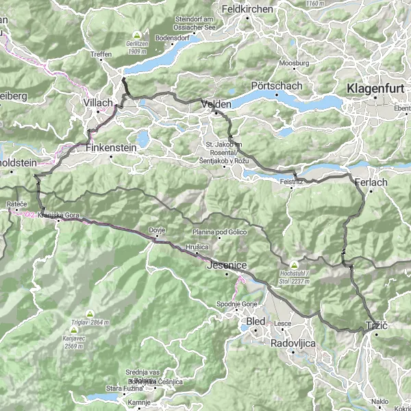 Miniatura mapy "Trasa rowerowa Jesenice - Rigel - Planica - Kranjska Gora - Velden - Jesenice" - trasy rowerowej w Zahodna Slovenija, Slovenia. Wygenerowane przez planer tras rowerowych Tarmacs.app