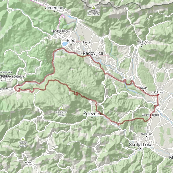 Map miniature of "Kokrica and Beyond" cycling inspiration in Zahodna Slovenija, Slovenia. Generated by Tarmacs.app cycling route planner