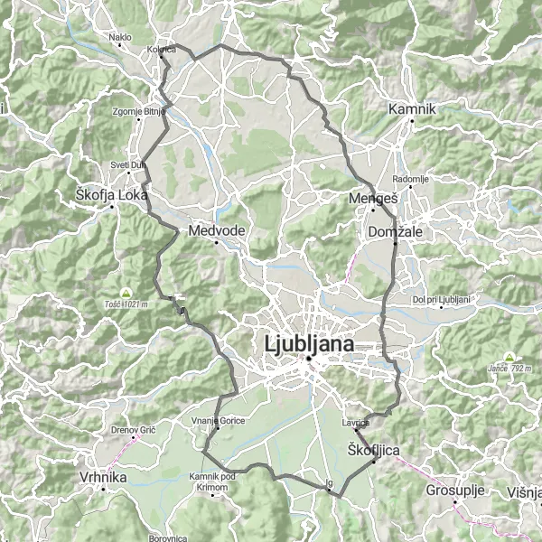 Map miniature of "Exciting Road Journey around Kokrica" cycling inspiration in Zahodna Slovenija, Slovenia. Generated by Tarmacs.app cycling route planner