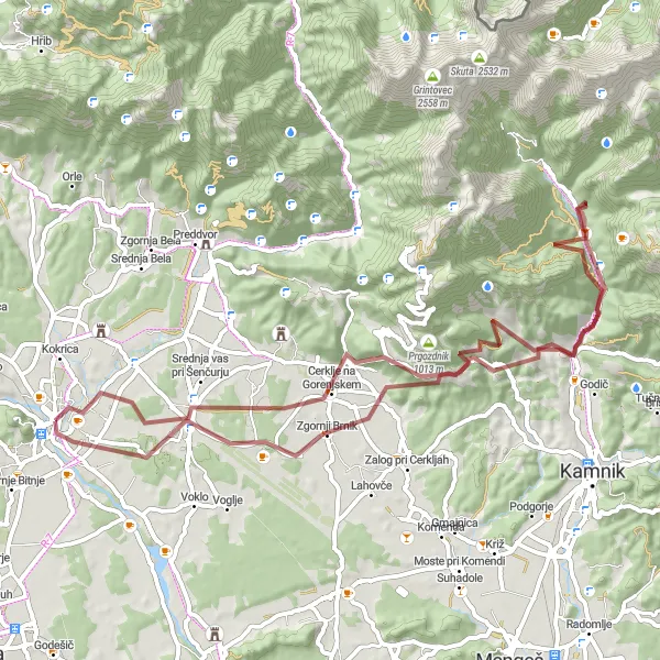 Map miniature of "Kranj - Zgornji Brnik - Željava - Stahovica - Grohat - Mežnarjev hrib - Predreš - Grad - Kranj Loop" cycling inspiration in Zahodna Slovenija, Slovenia. Generated by Tarmacs.app cycling route planner